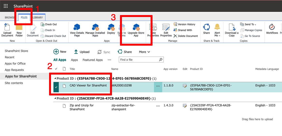 Screenshot showing the Files tab and Upgrade Store App action in the classic Manage apps experience