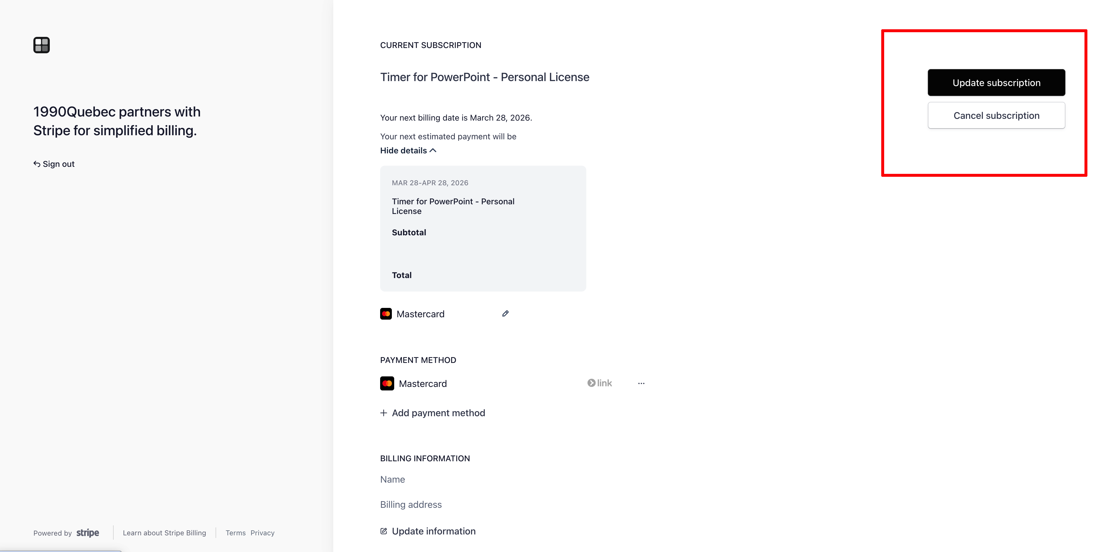 Screenshot of the Stripe customer portal showing subscription management options