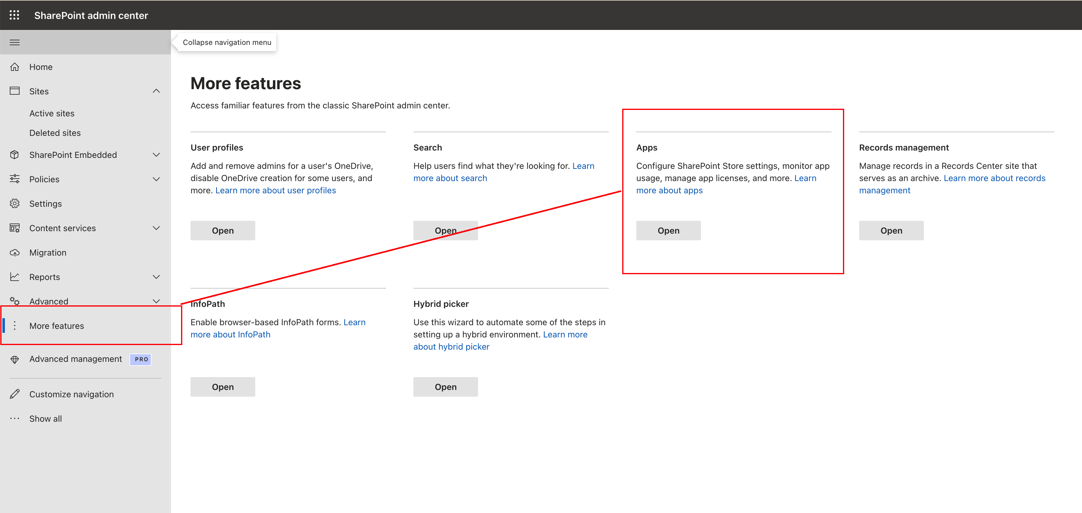 Screenshot showing the More features page in SharePoint admin center with the Apps section highlighted