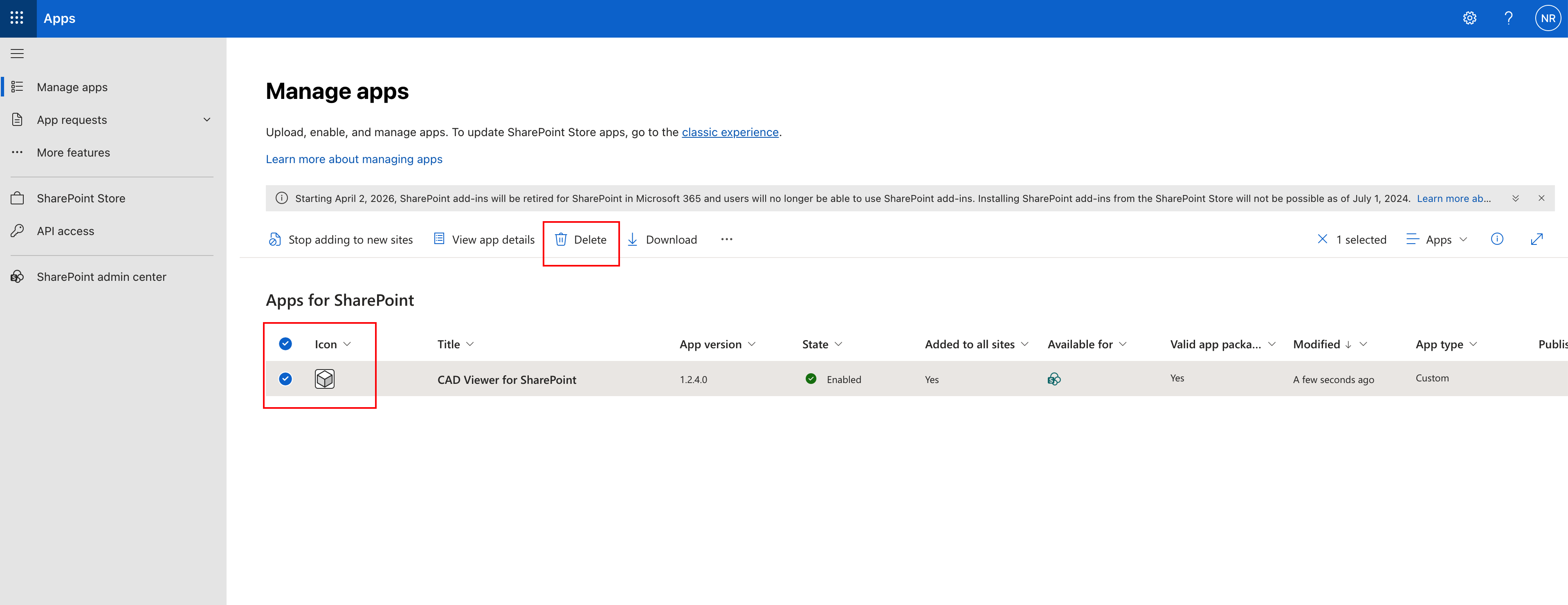 Screenshot showing an existing app selected in Manage apps with the Delete action highlighted