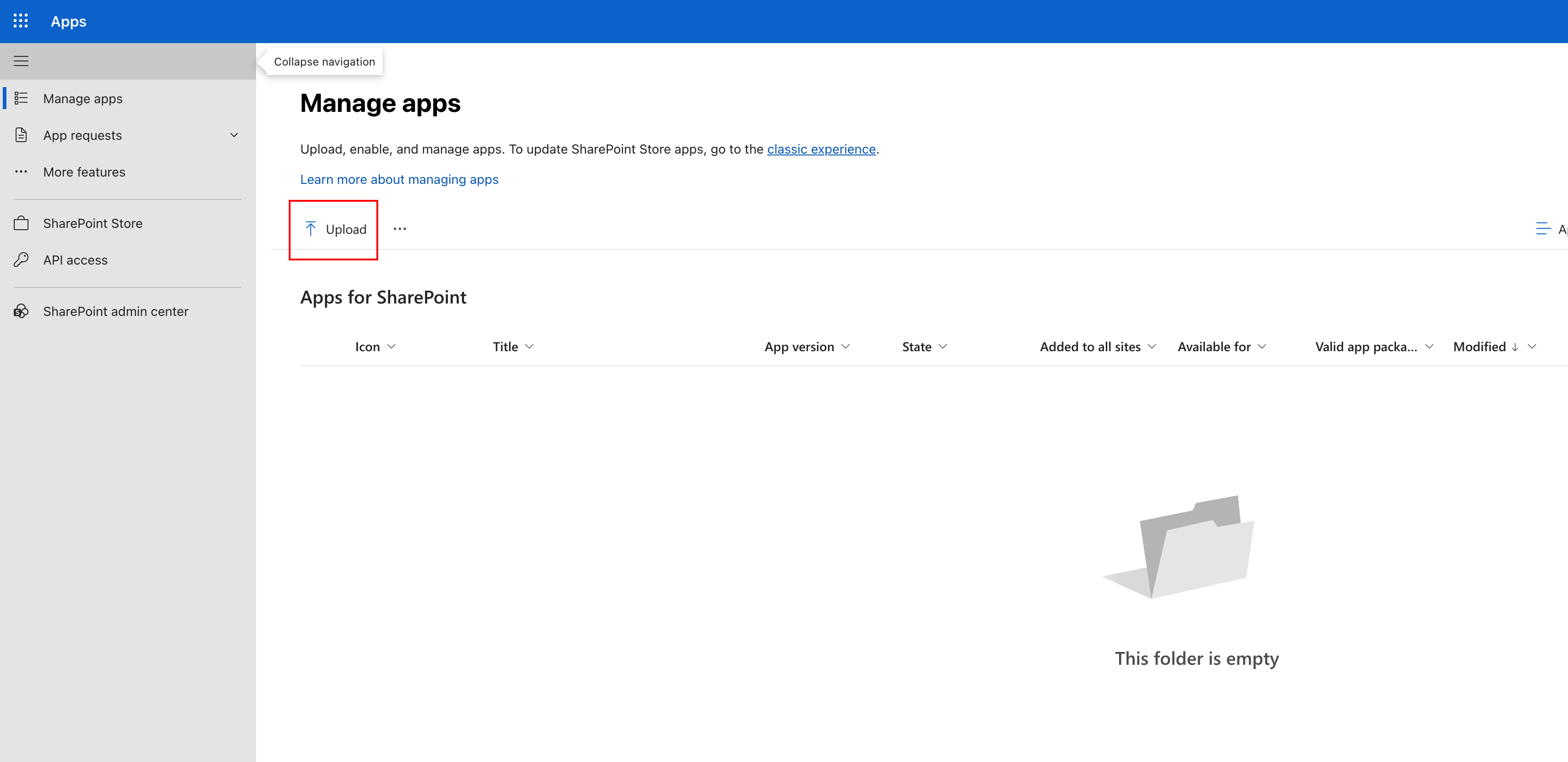 Screenshot showing the upload flow for a new .sppkg file on the Manage apps page
