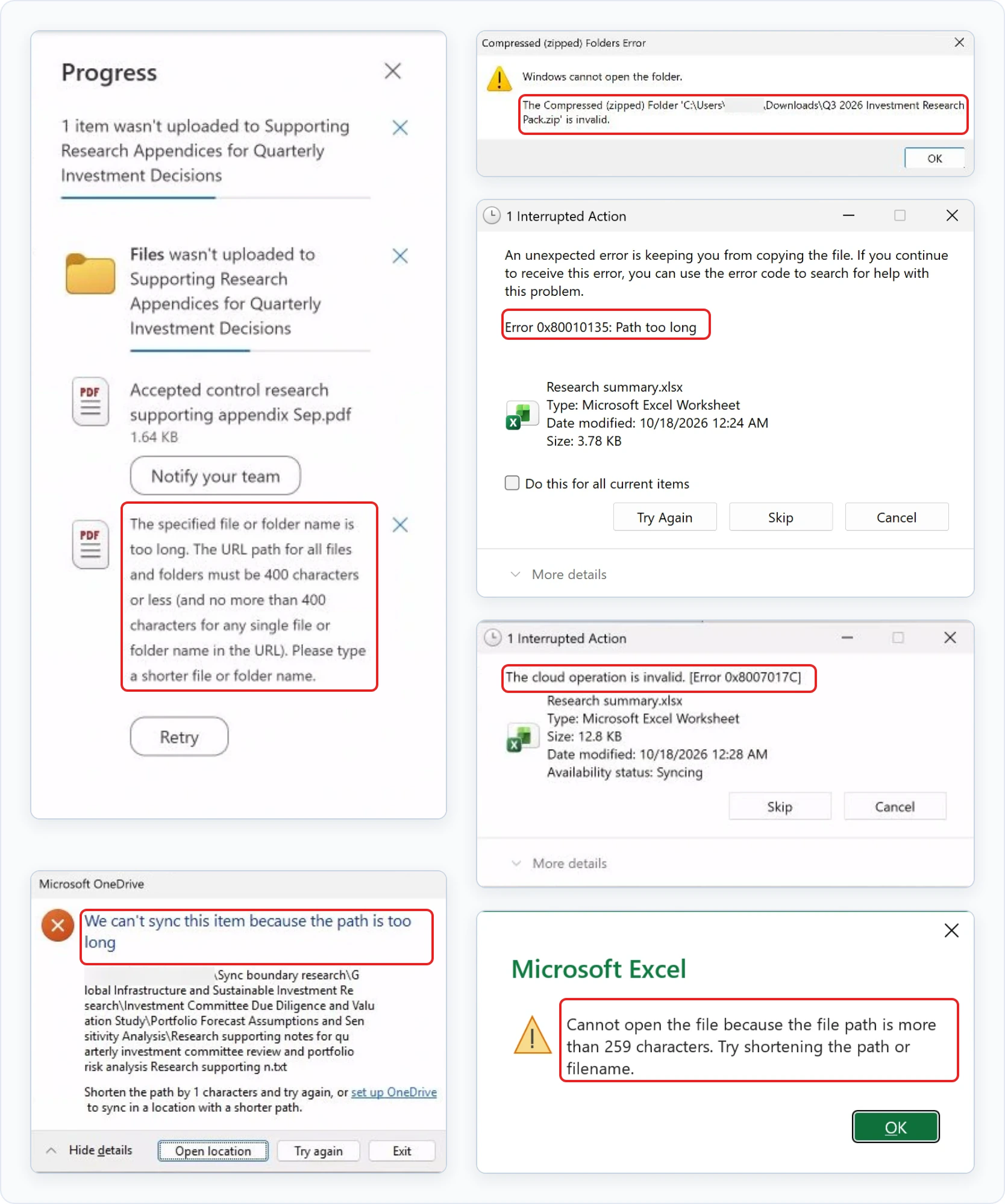 Montage of path-length error messages from SharePoint, OneDrive, Windows Extract All, File Explorer, and Excel