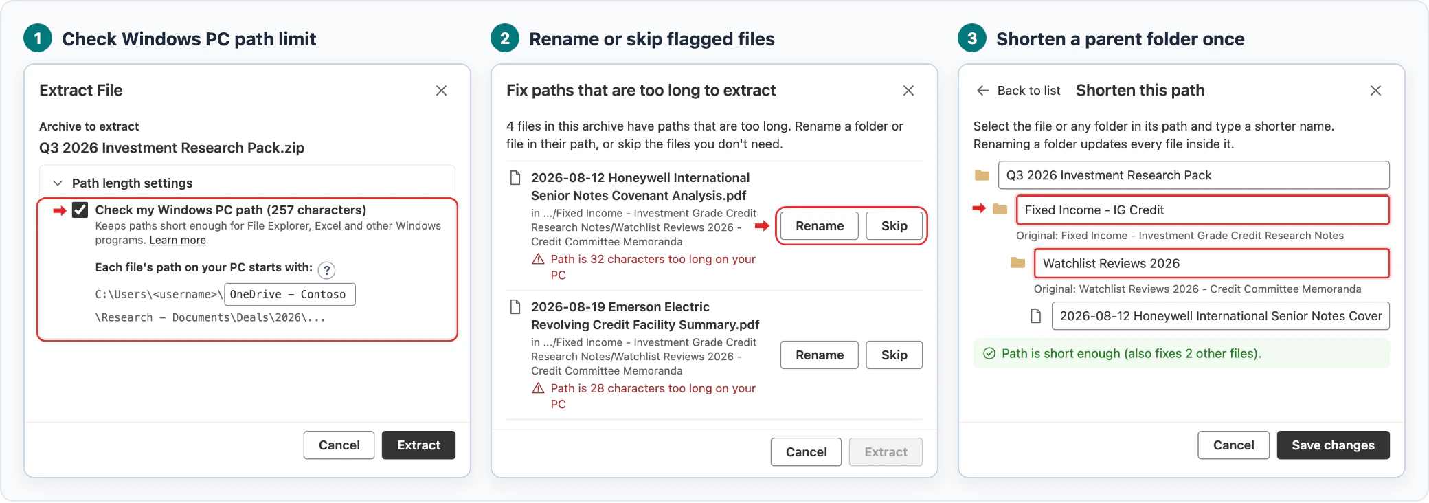 Three steps in Zip & Unzip for SharePoint: Check Windows PC path limit in Extract File, Rename or skip flagged files, and Shorten a parent folder once