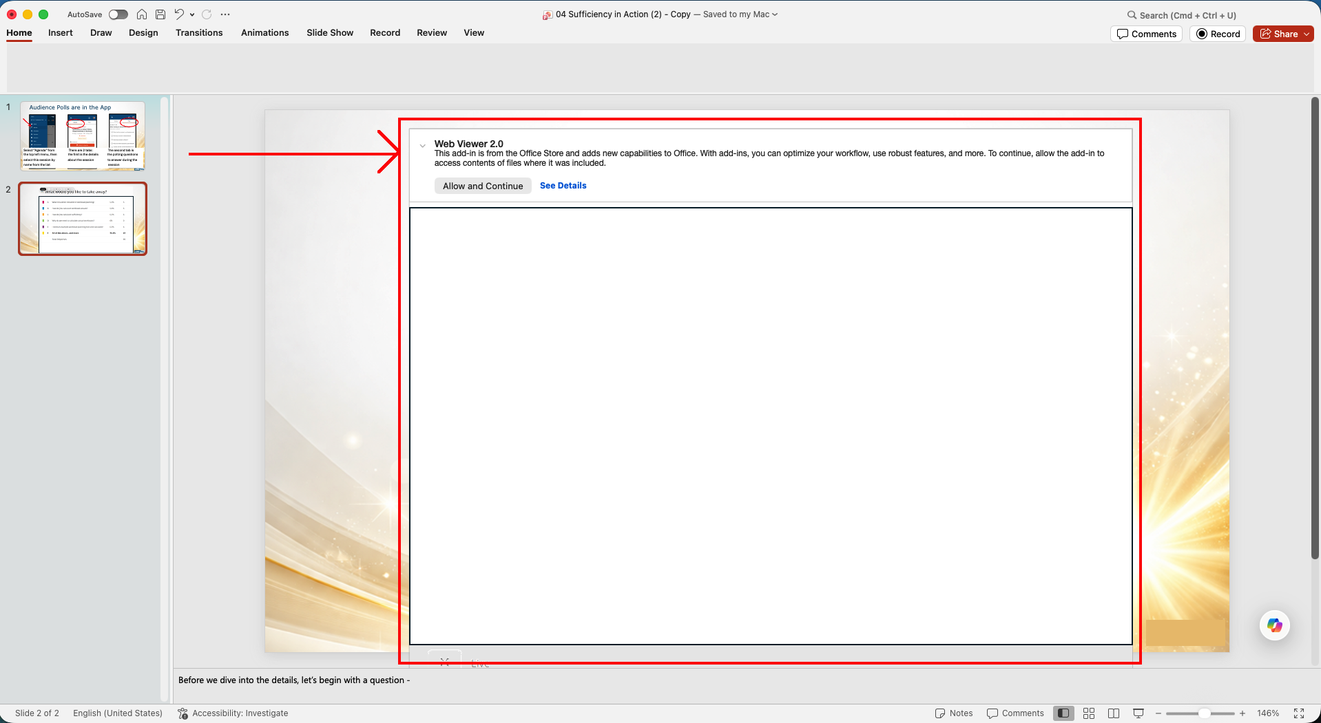 PowerPoint asking the recipient to allow Web Viewer 2.0 before displaying the add-in