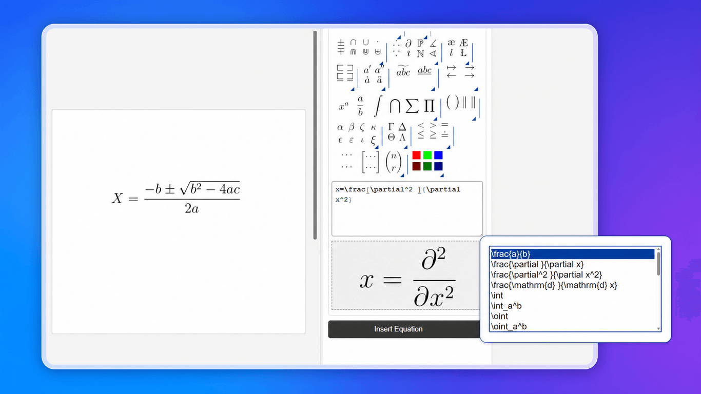 LaTeX autocomplete suggestions beside the visual equation builder