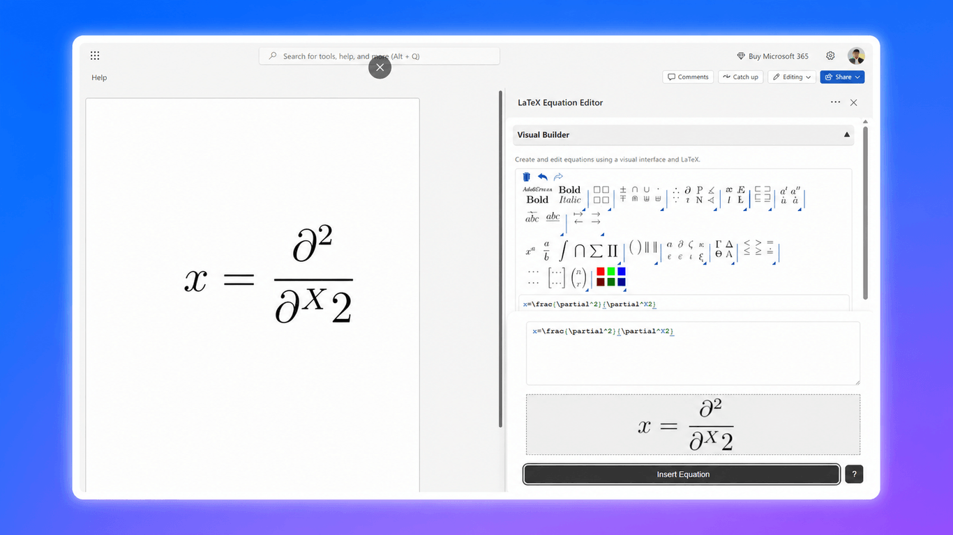LaTeX Equation Editor visual builder open beside a Word document