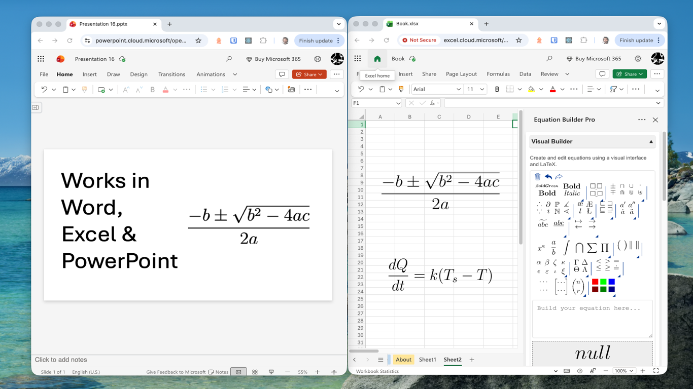 LaTeX Equation Editor showing advanced equation editing inside the Office task pane