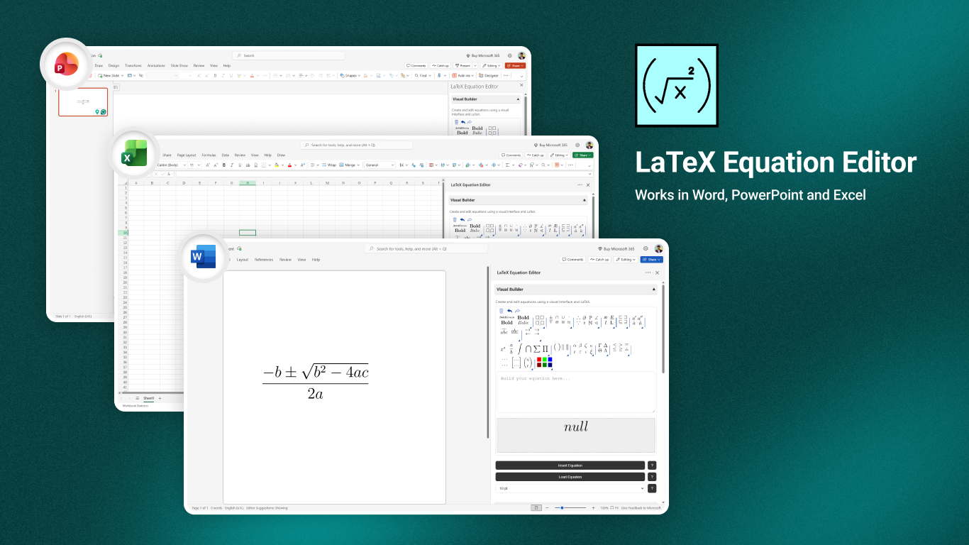 LaTeX Equation Editor running in Word with equation templates and a live preview