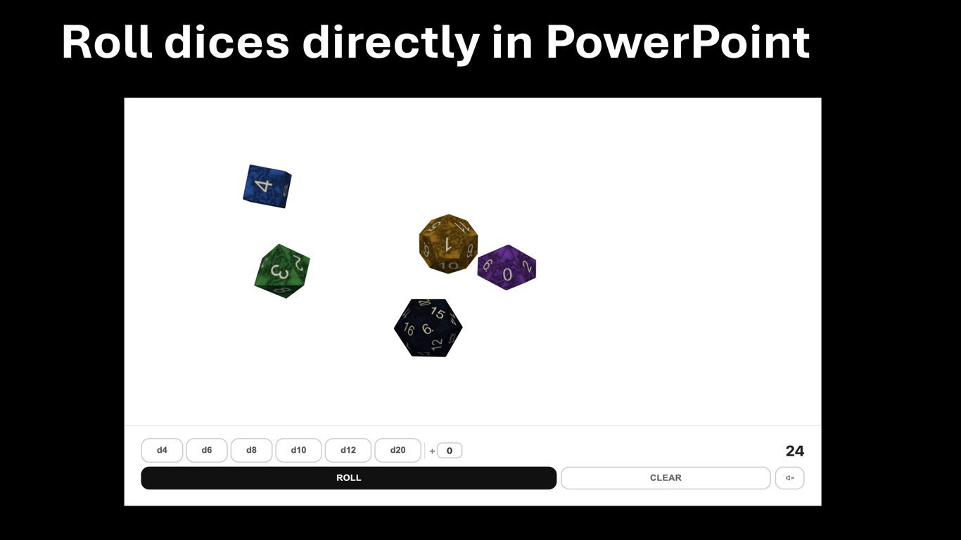 Dice Roller for PowerPoint showing 3D dice on a slide inside PowerPoint