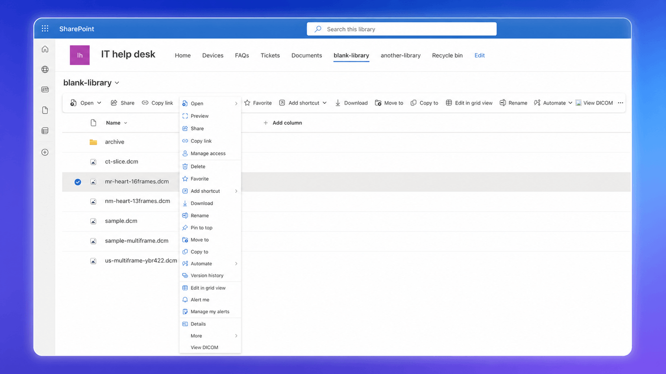 DICOM files selected in a SharePoint document library