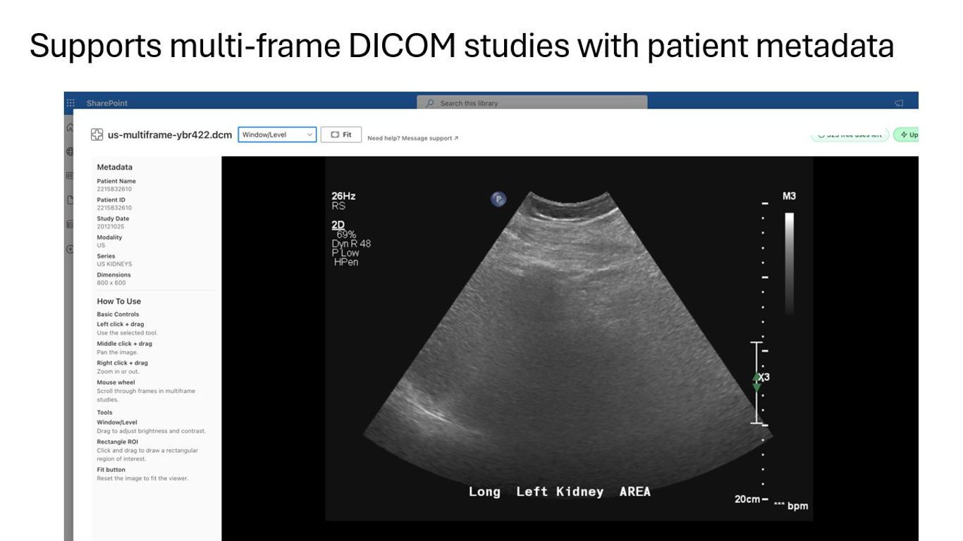 DICOM Viewer for SharePoint showing image review controls and metadata tools