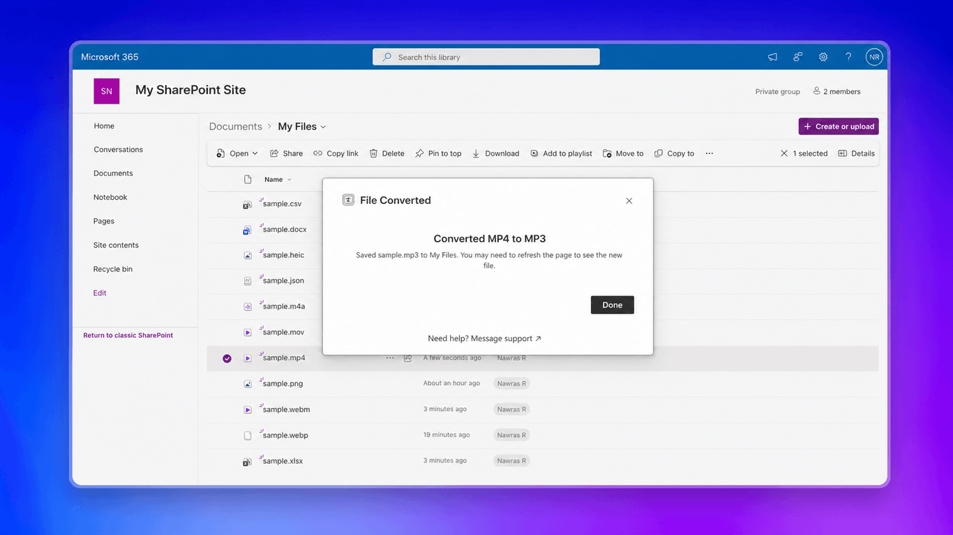 File Converter confirmation after converting an MP4 file to MP3 in SharePoint