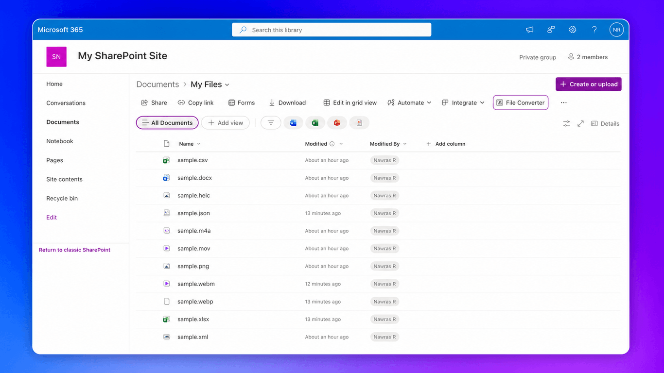 SharePoint document library containing files in several formats