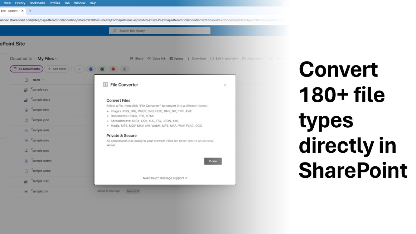 File Converter for SharePoint showing conversion options inside a SharePoint document library