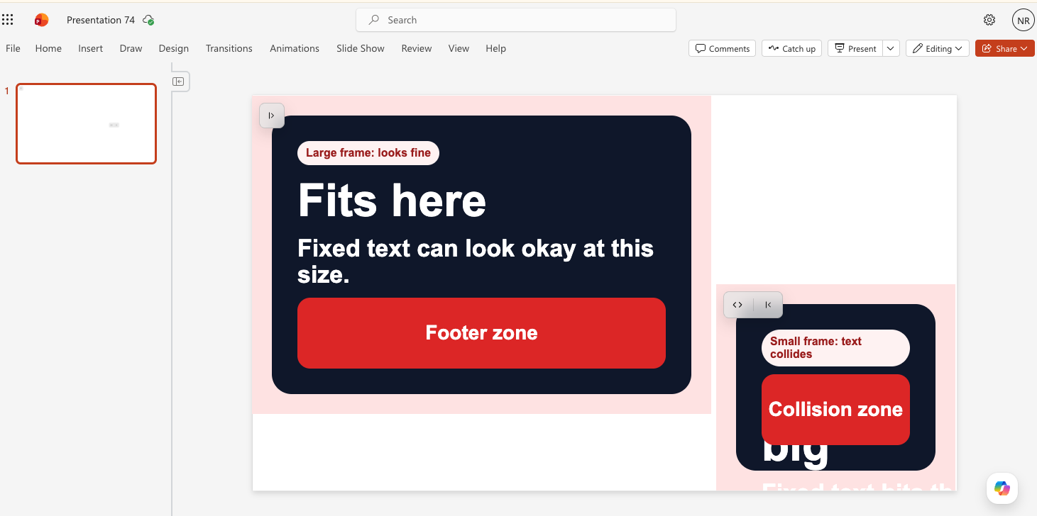 Fixed-size HTML text collides with footer content in a small frame