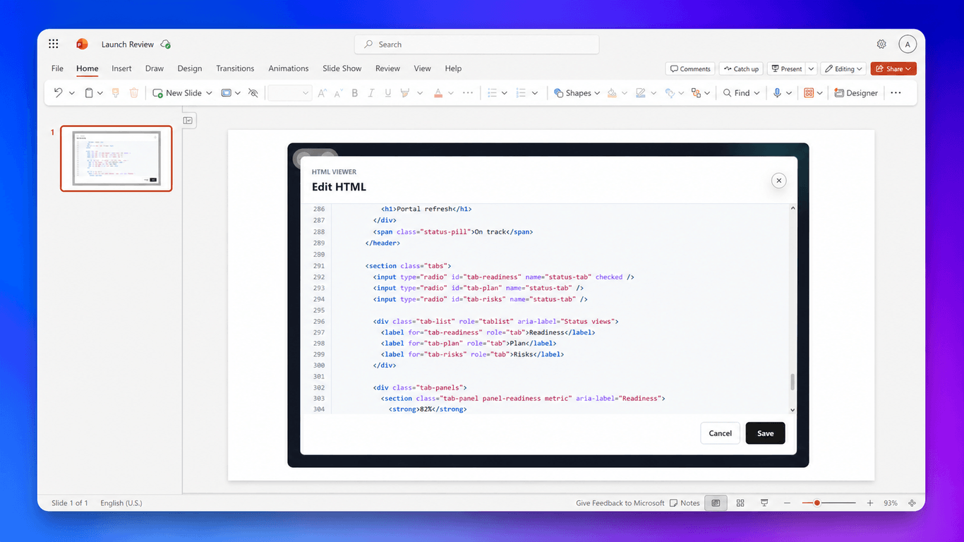 HTML source editor open over a PowerPoint slide