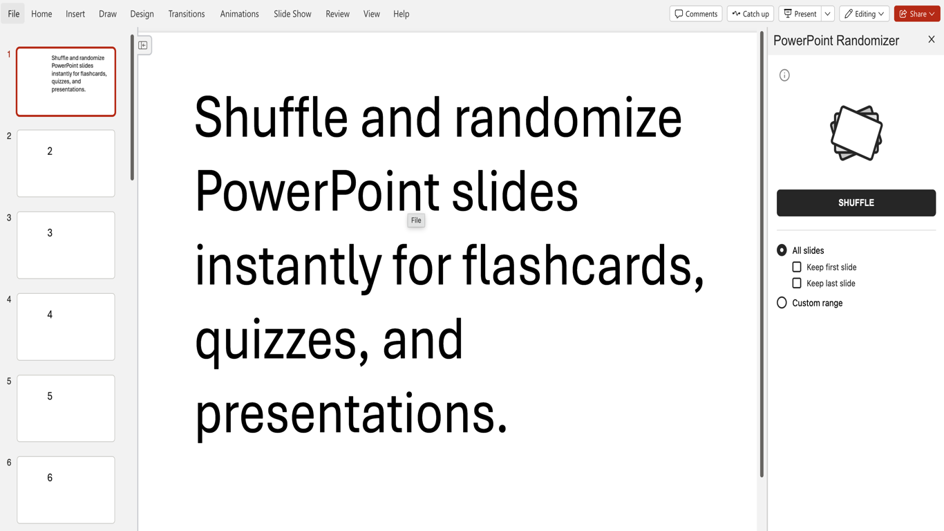 Randomizer for PowerPoint showing shuffle options for a slide deck