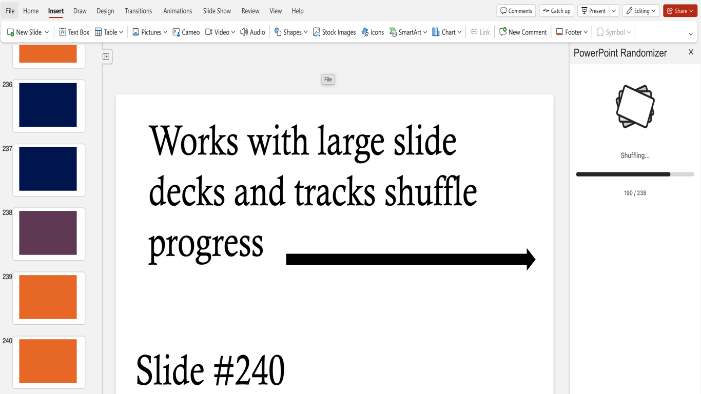 Randomizer for PowerPoint previewing slide order and keep-in-place settings