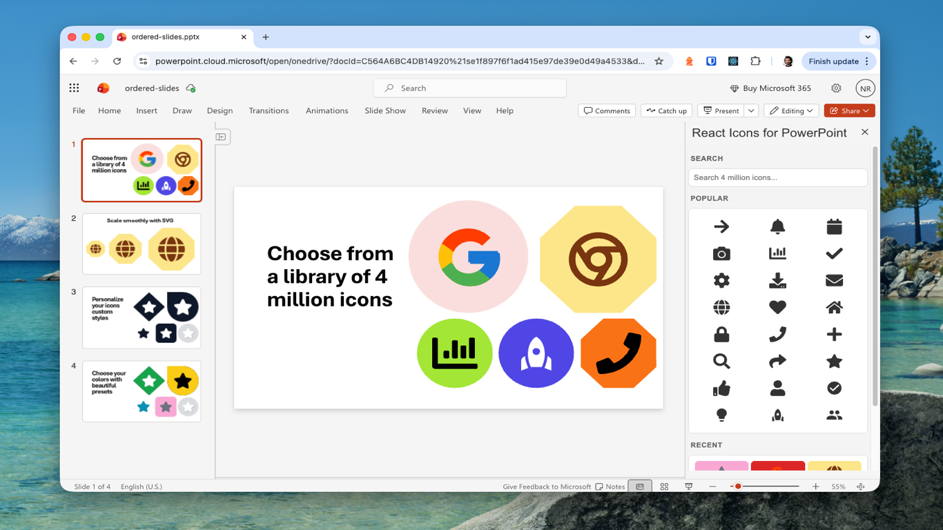 Icons for Excel, PowerPoint and Word showing searchable icon results inside the Office task pane