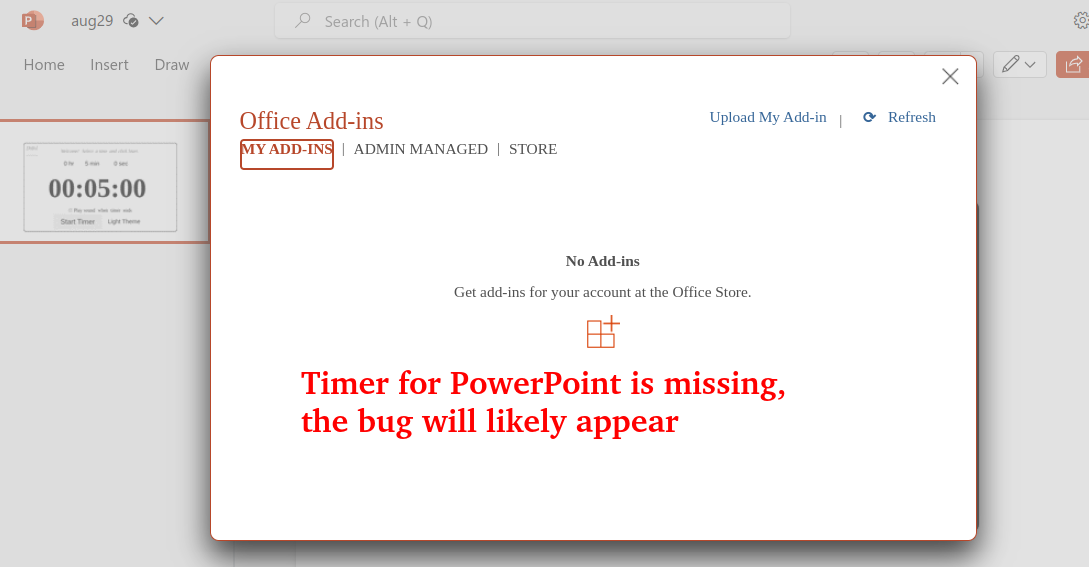 Stopwatch missing from My Add-ins list