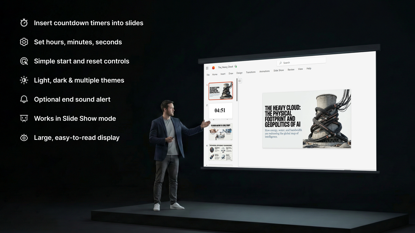 Timer for PowerPoint task pane with countdown, stopwatch, and theme settings