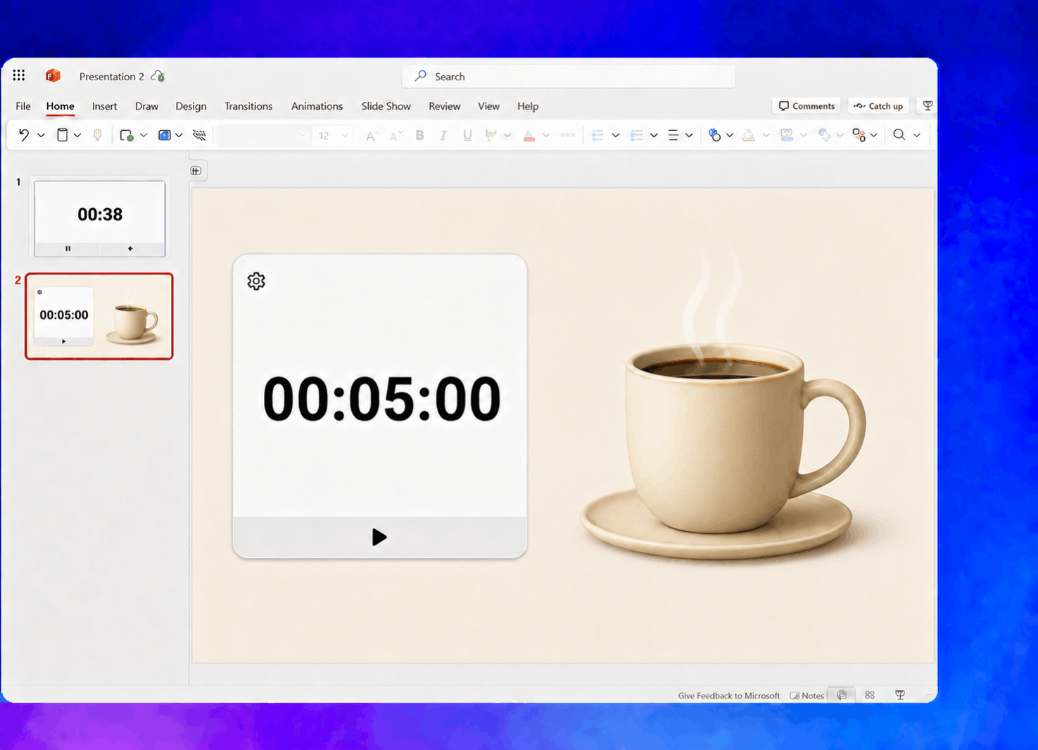 Countdown timer running on a PowerPoint slide beside a steaming coffee cup