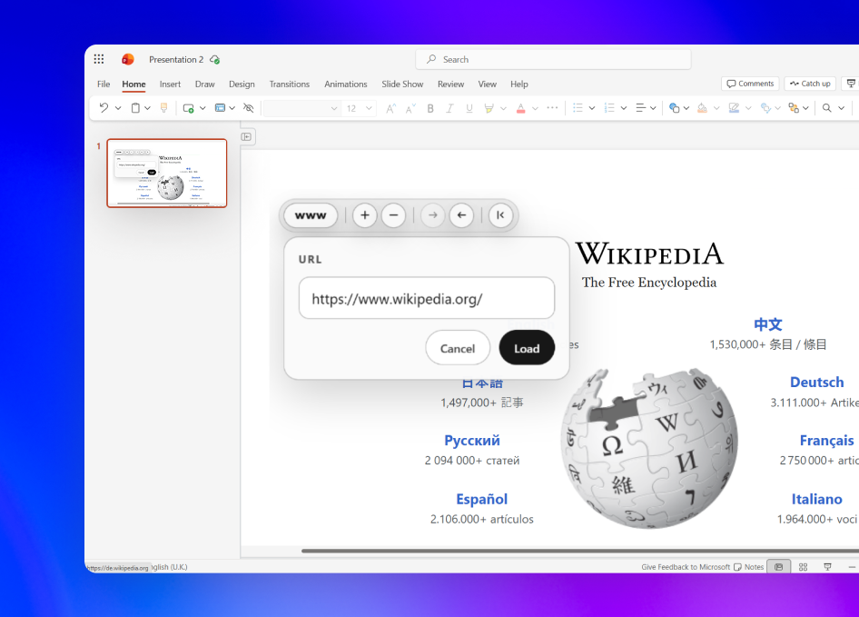 Web Viewer URL dialog loading a website inside a PowerPoint slide