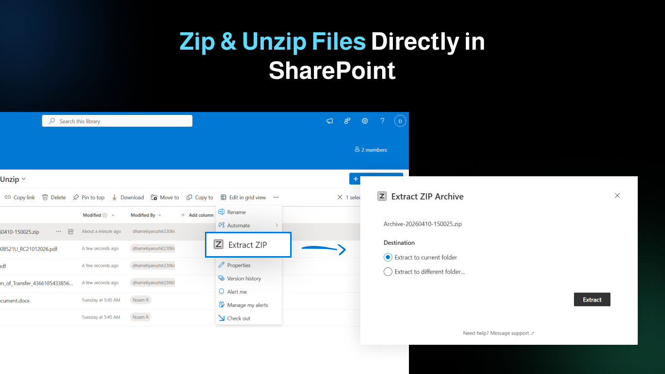 Zip & Unzip for SharePoint showing archive tools