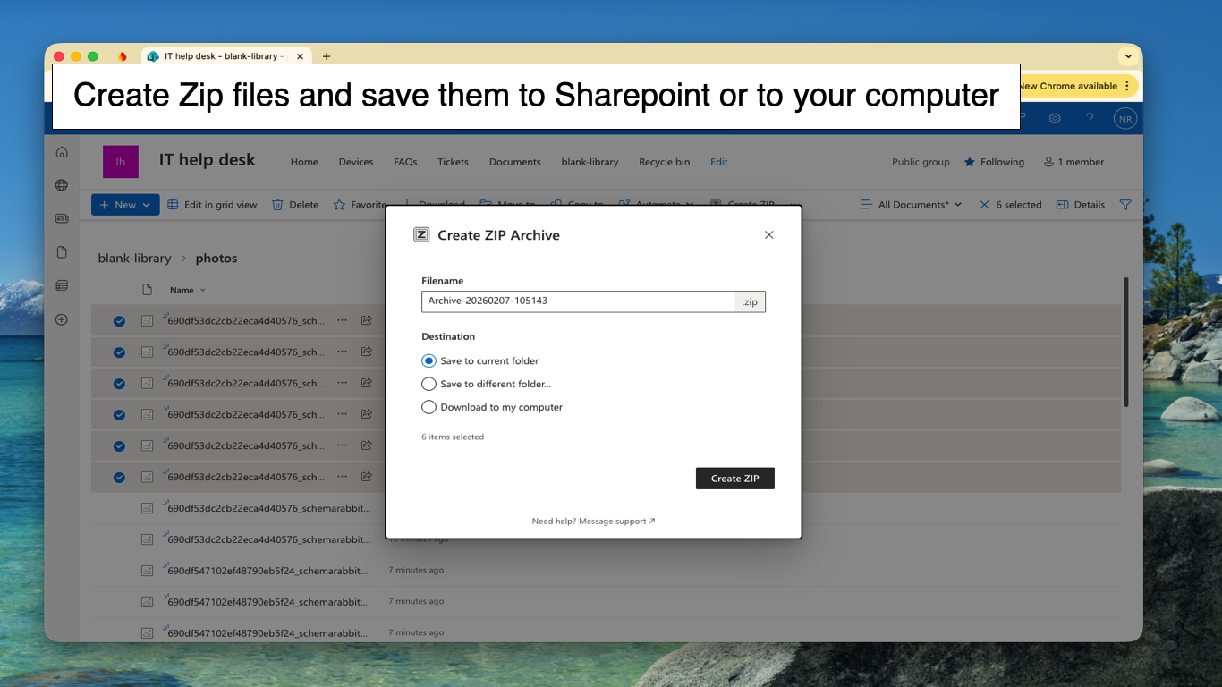 Zip and Unzip for SharePoint showing archive creation settings and destination options