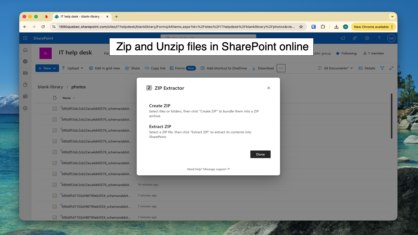 Zip and Unzip for SharePoint showing archive tools in a SharePoint document library