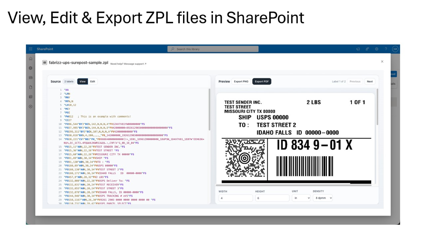 ZPL Label Studio showing a label file preview in SharePoint