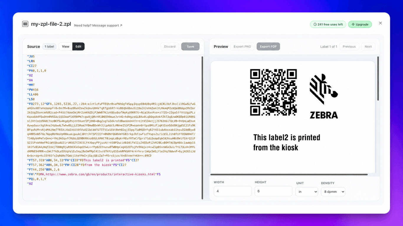 ZPL Label Studio showing syntax-highlighted source beside a rendered label preview