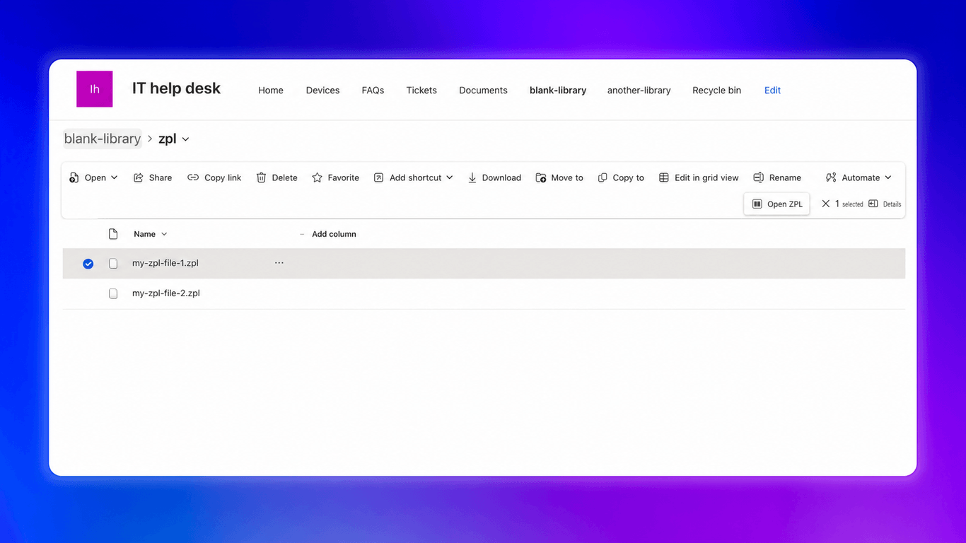 Open ZPL command available for a selected file in a SharePoint document library